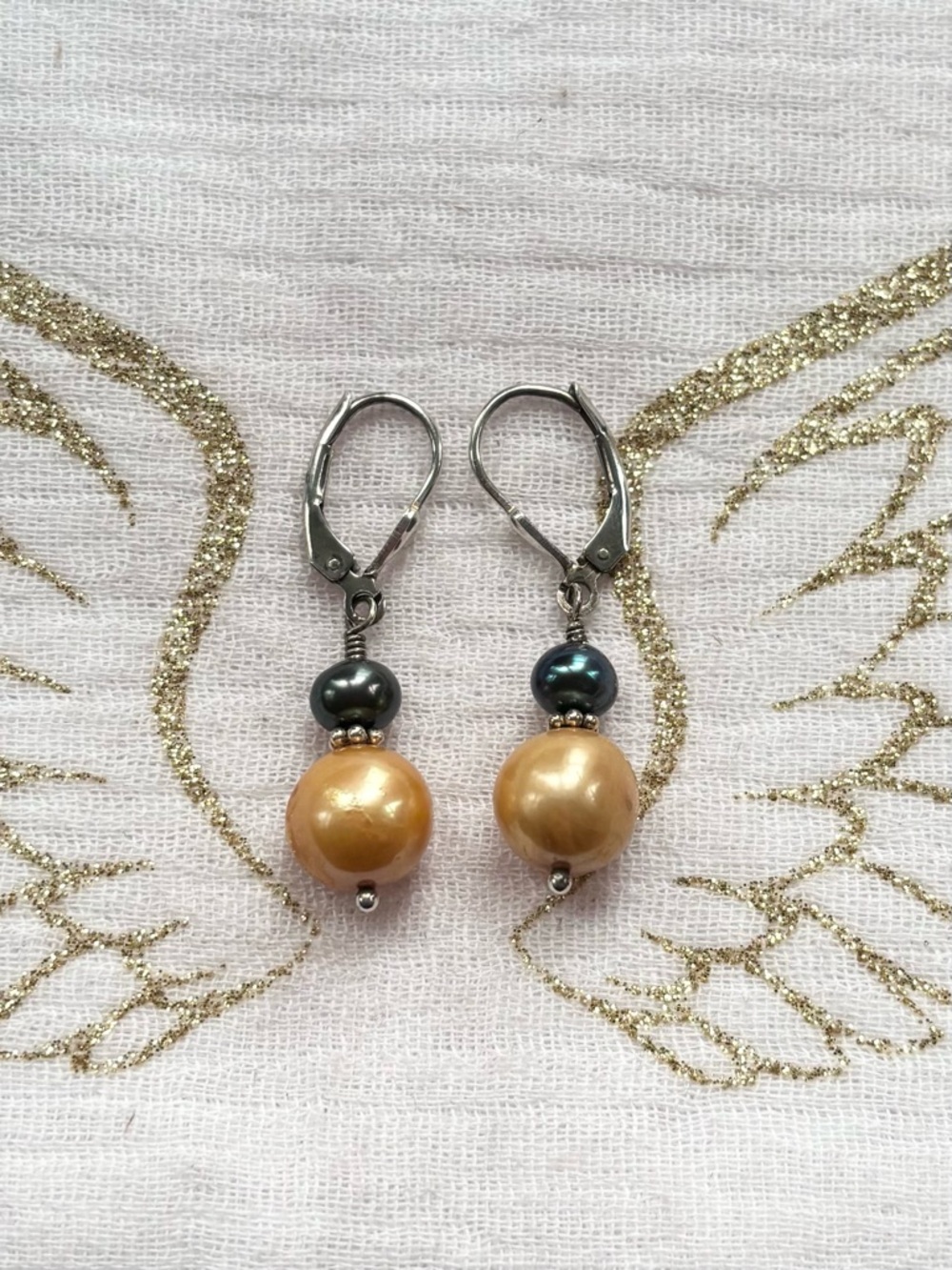 Handmade Gold and Dark Peacock Pearl Drop Earrings Sterling Silver